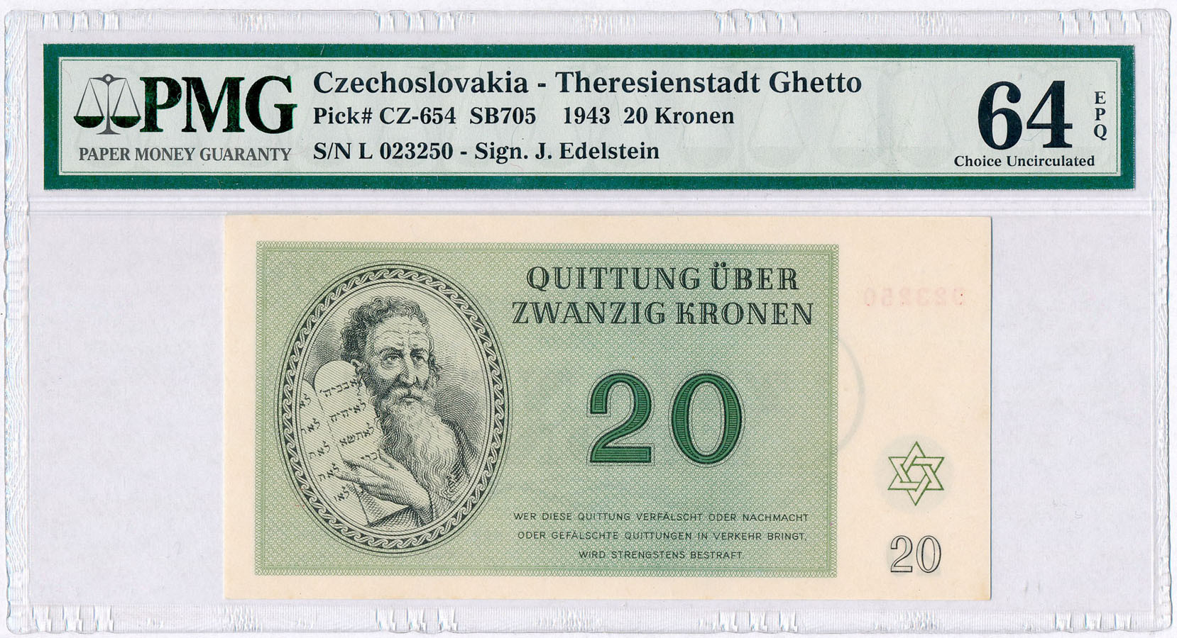 Czechosłowacja, Getto Terezin. 20 koron 1943 PMG 64 EPQ